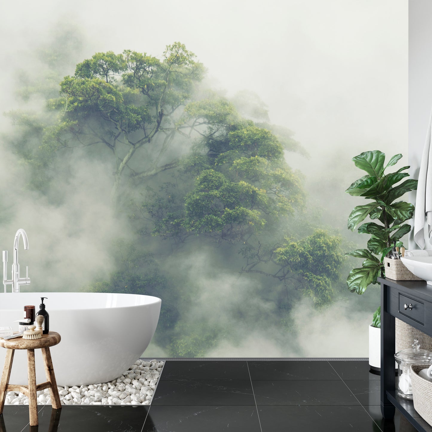 Fototapete Tropical Forest In Japan, Nature Jungle With Green Tree And Fog, Concept Of Zin Therapy Comfortable Freedom Relaxing For Spa And Yoga, Eco Natural Sustainable Conservation