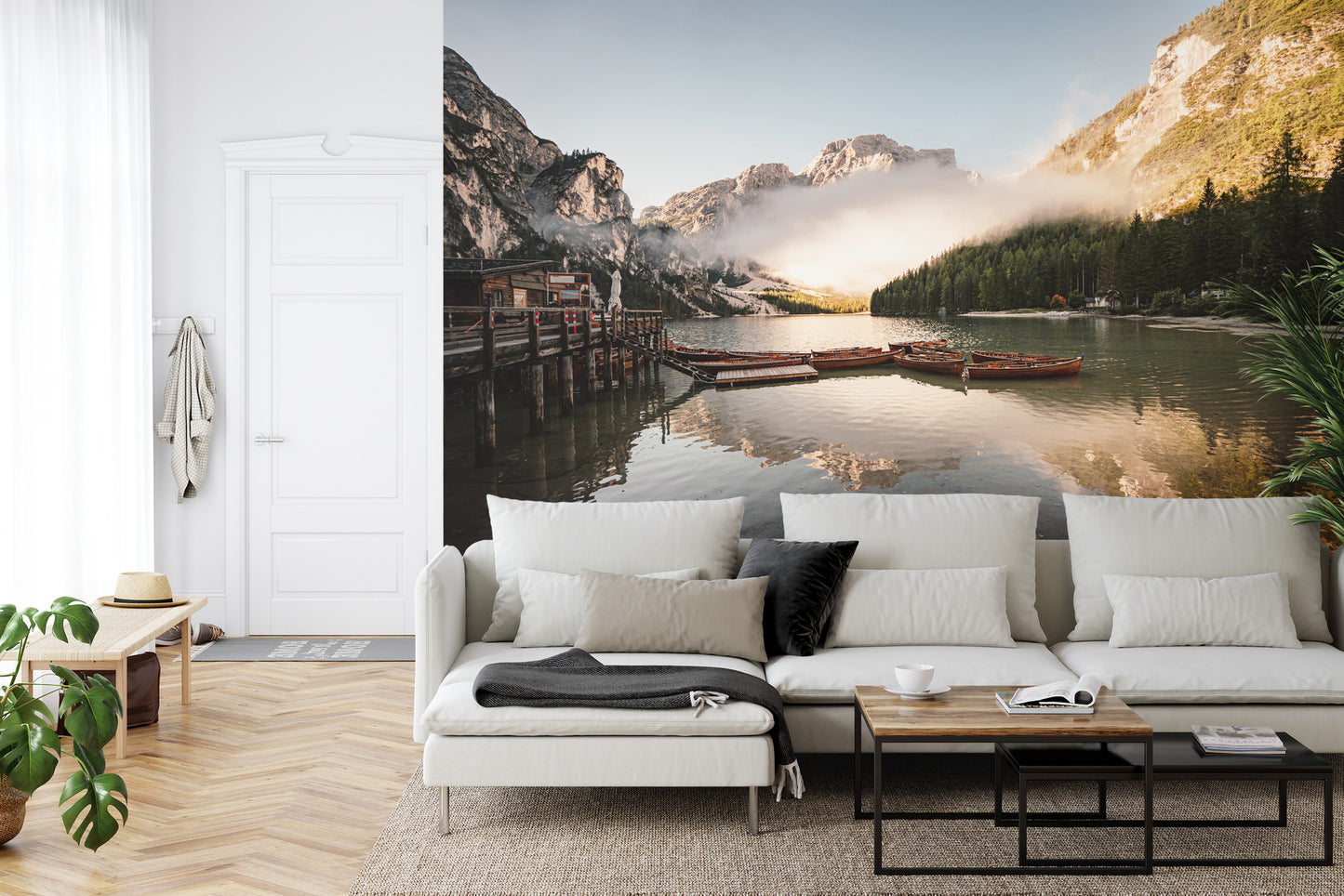 Fototapete Boats On The Braies Lake, Pragser Wildsee In Dolomites Mountains, Sudtirol, Italy Dolomite.