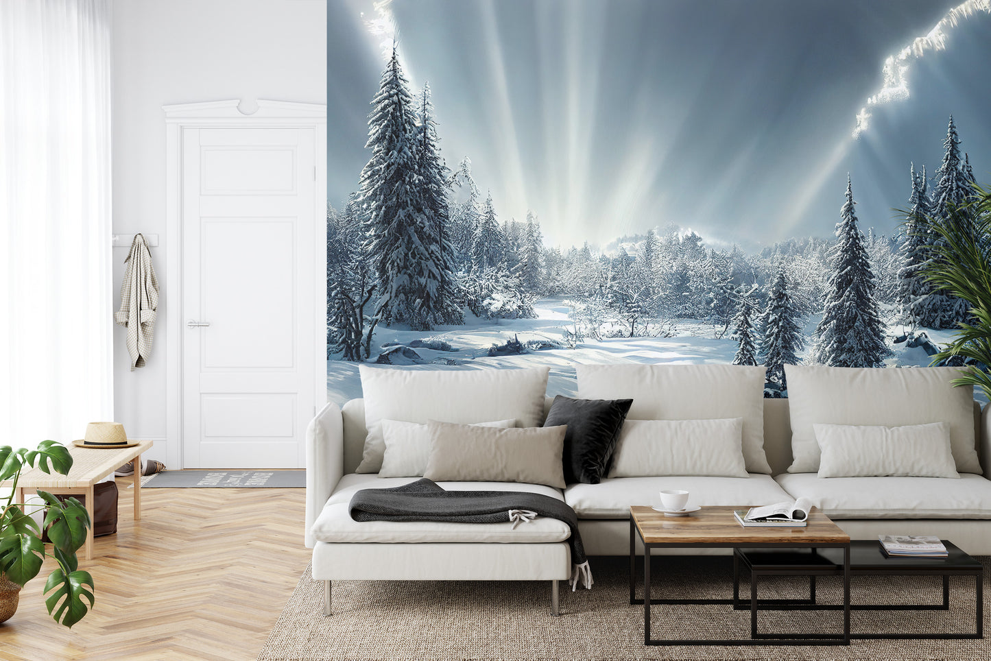 Fototapete Beautiful Winter Landscape. Majestic White Spruces Glowing By Sunlight. Picturesque And Gorgeous Wintry Scene.