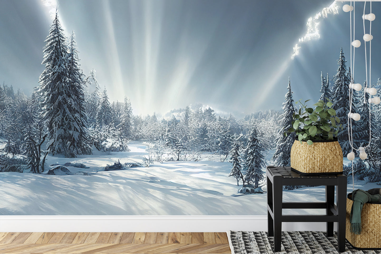 Fototapete Beautiful Winter Landscape. Majestic White Spruces Glowing By Sunlight. Picturesque And Gorgeous Wintry Scene.