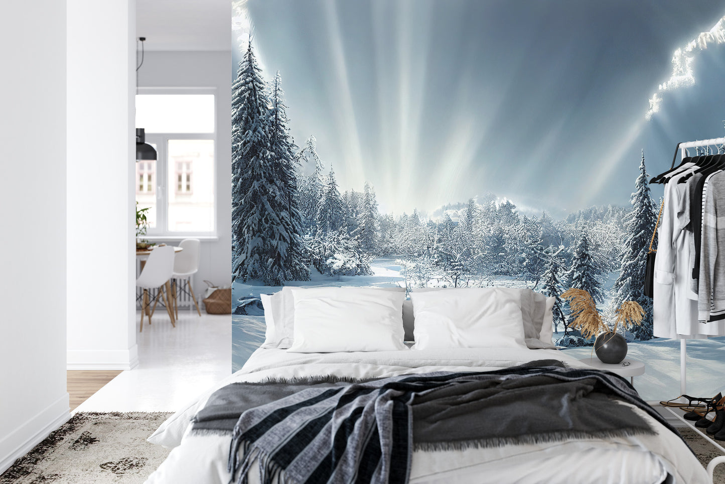 Fototapete Beautiful Winter Landscape. Majestic White Spruces Glowing By Sunlight. Picturesque And Gorgeous Wintry Scene.