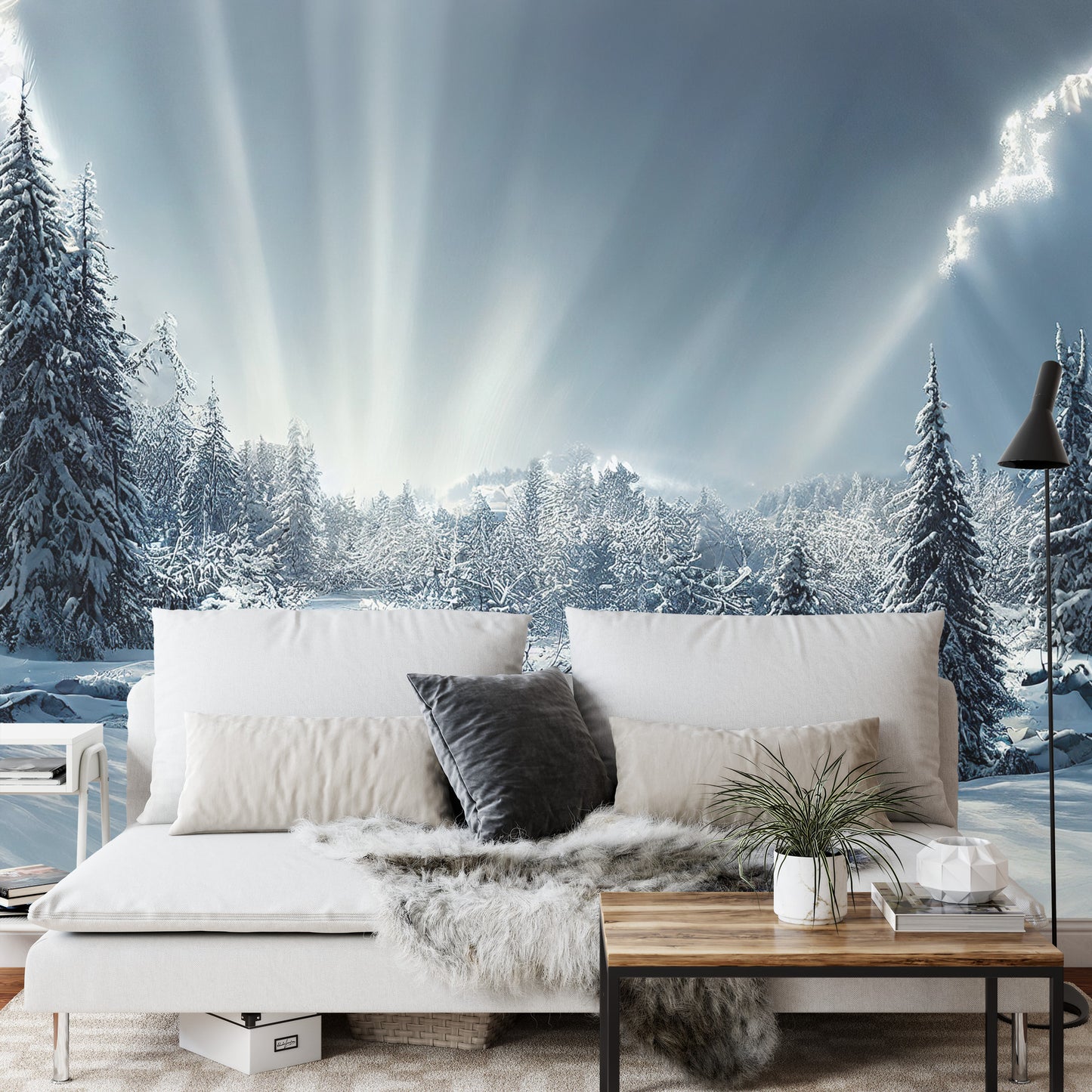 Fototapete Beautiful Winter Landscape. Majestic White Spruces Glowing By Sunlight. Picturesque And Gorgeous Wintry Scene.
