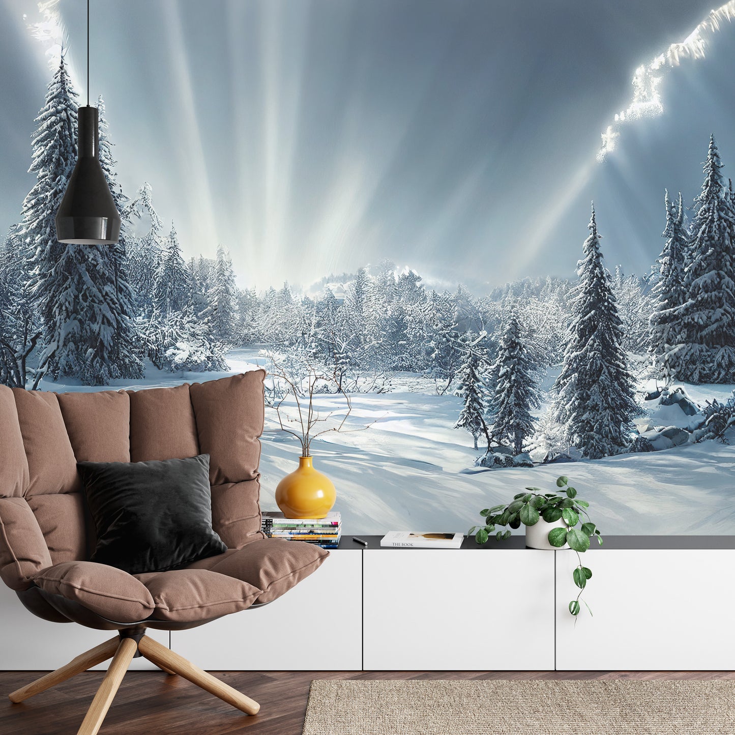Fototapete Beautiful Winter Landscape. Majestic White Spruces Glowing By Sunlight. Picturesque And Gorgeous Wintry Scene.