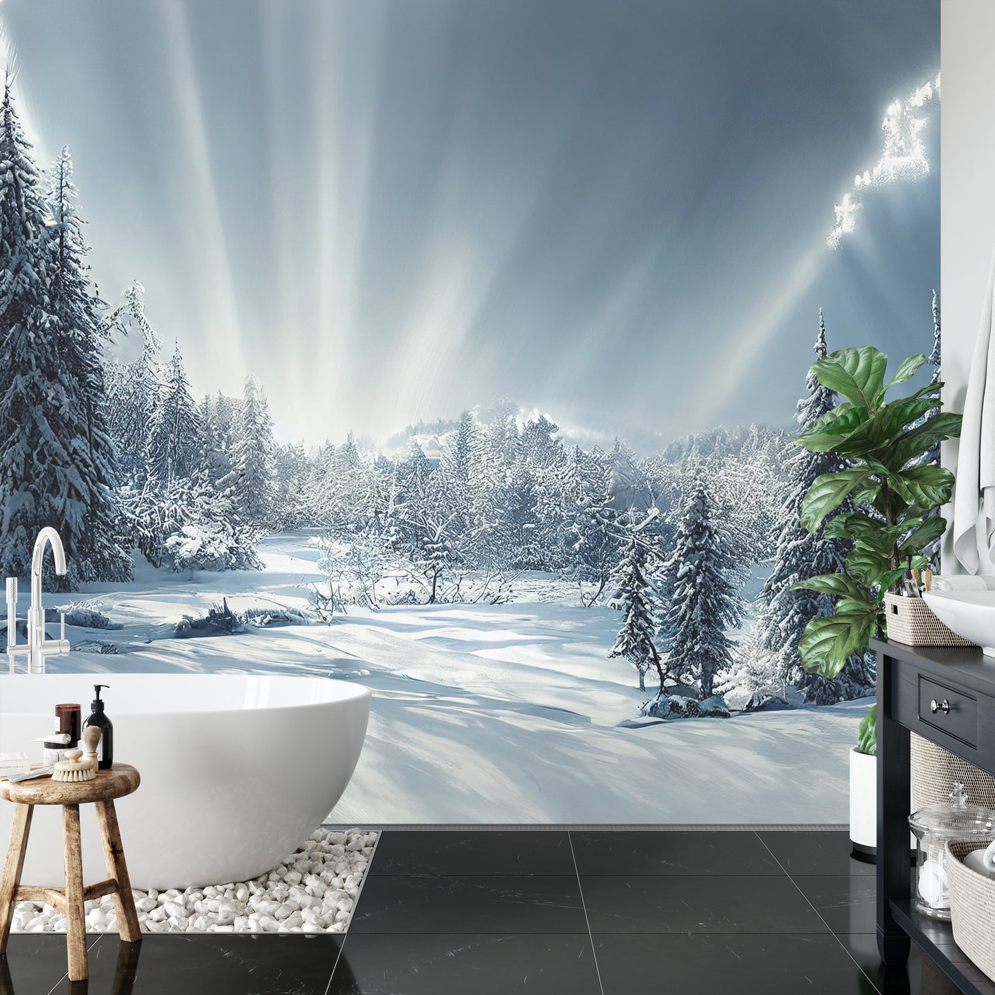 Fototapete Beautiful Winter Landscape. Majestic White Spruces Glowing By Sunlight. Picturesque And Gorgeous Wintry Scene.