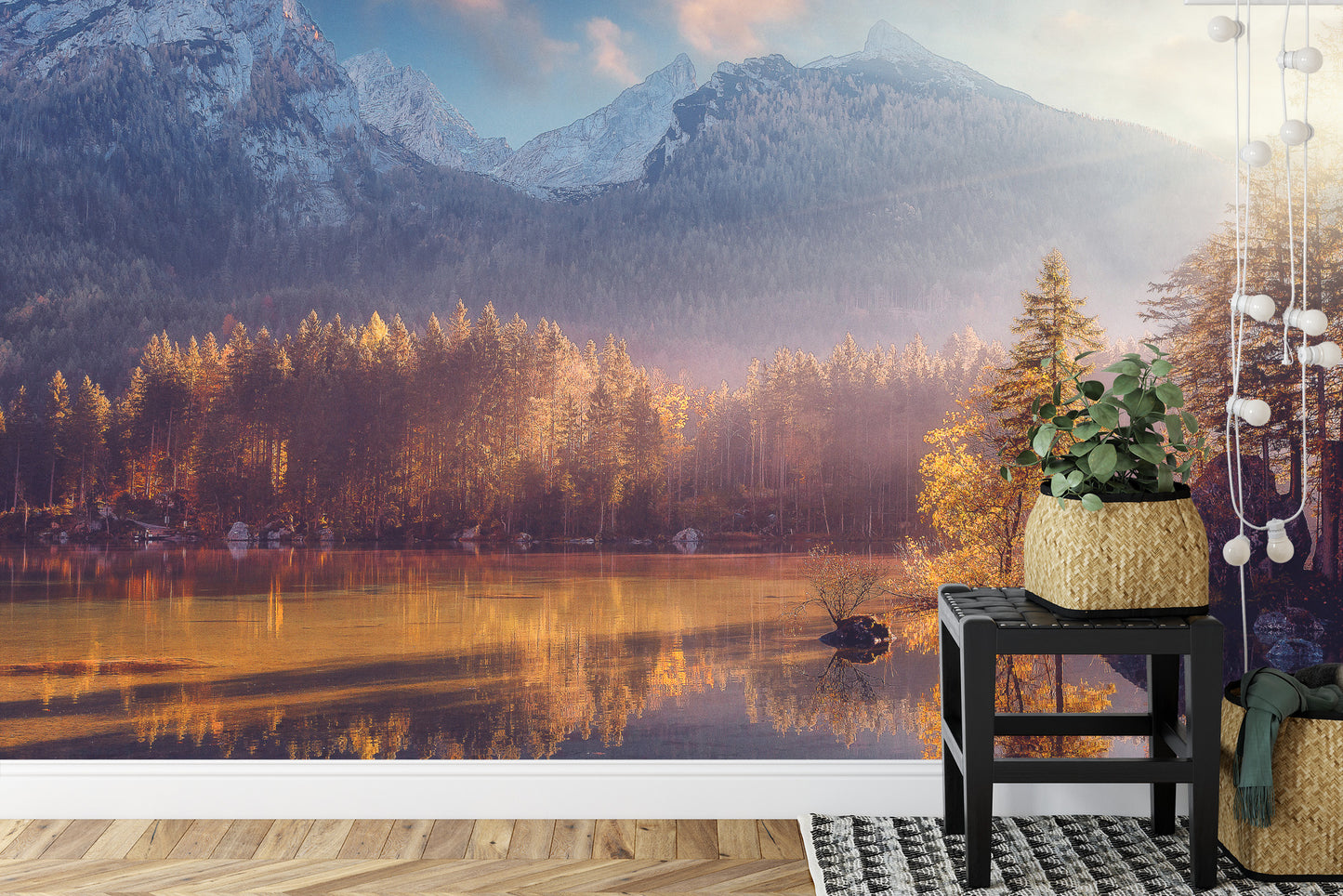 Fototapete Awesome Nature Scenery. Beautiful Landscape With High Mountains With Illuminated Peaks, Stones In Mountain Lake, Reflection, Blue Sky And Yellow Sunlight In Sunrise. Amazing Nature Background.