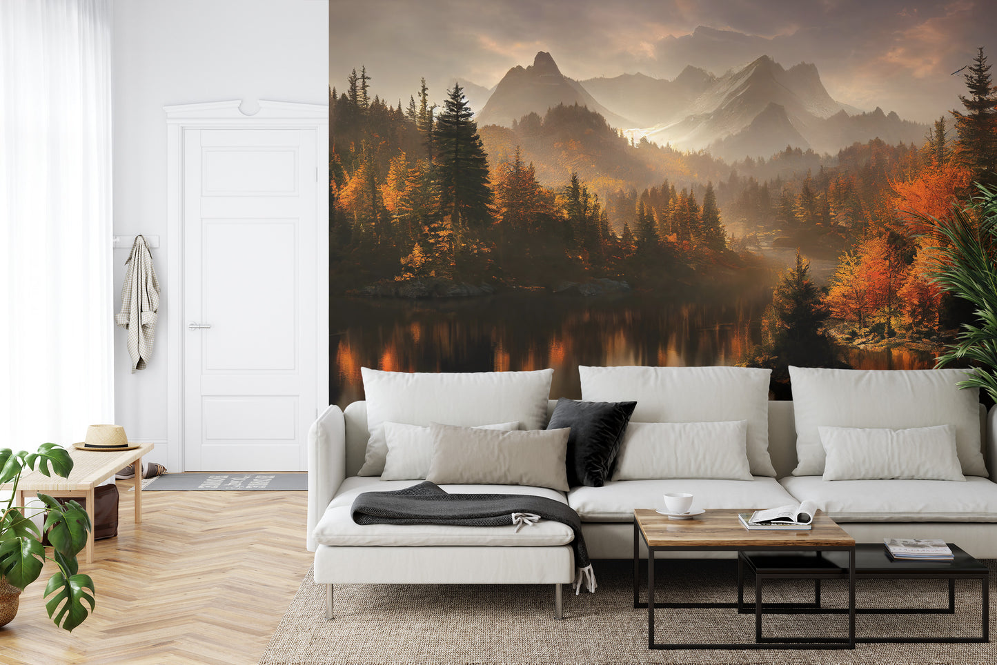 Fototapete Ai Generated Image Of A Beautiful Landscape With Autumn Forest, A Lake And Hills