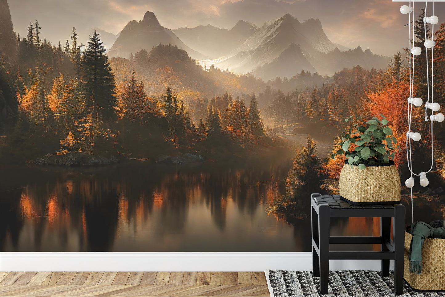 Fototapete Ai Generated Image Of A Beautiful Landscape With Autumn Forest, A Lake And Hills