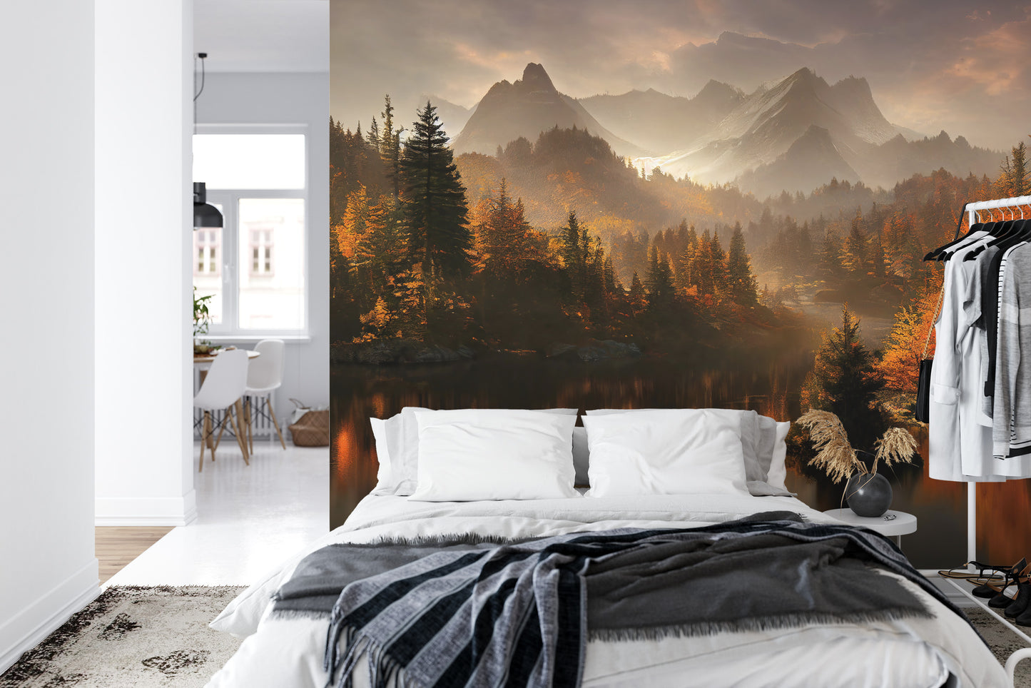 Fototapete Ai Generated Image Of A Beautiful Landscape With Autumn Forest, A Lake And Hills