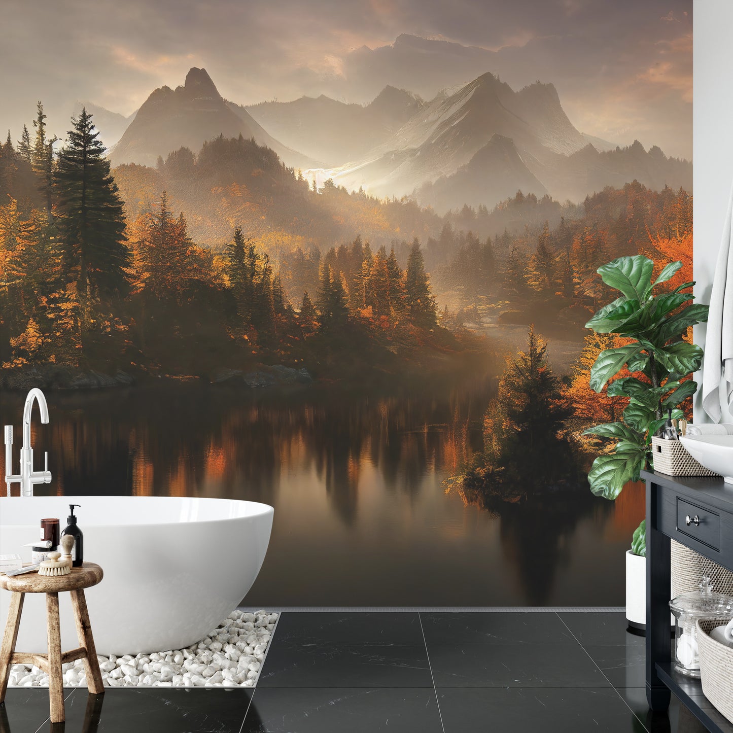 Fototapete Ai Generated Image Of A Beautiful Landscape With Autumn Forest, A Lake And Hills