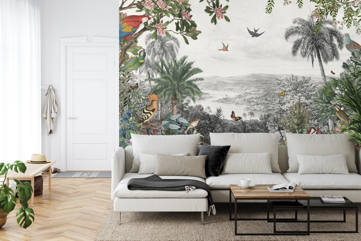 Fototapete Tropical Jungle Wallpaper Palm Trees, Birds And Parrot In The River Land With Flying Butterflies
