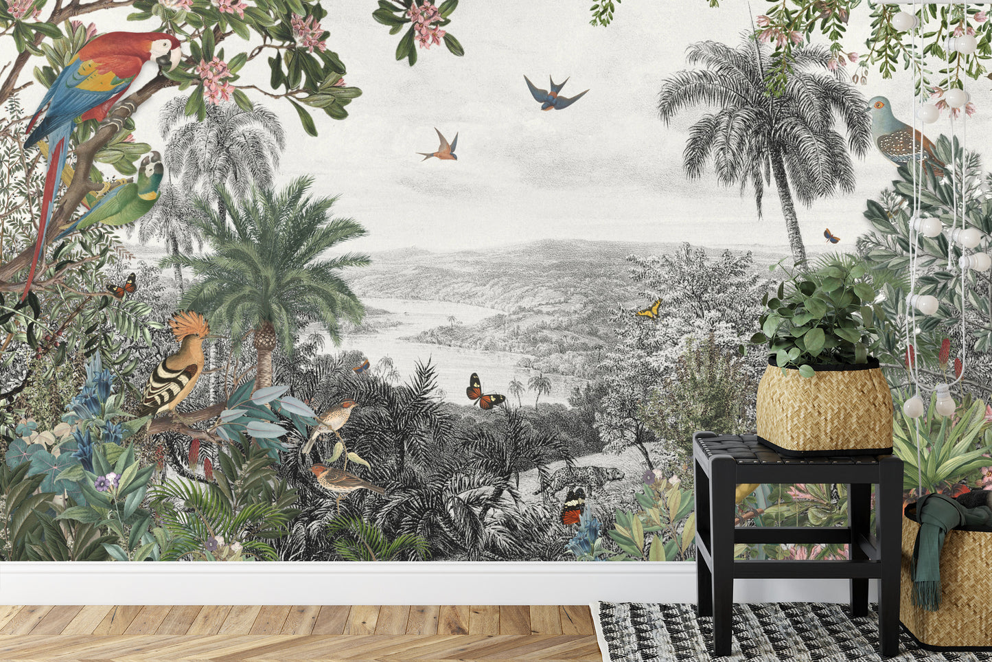 Fototapete Tropical Jungle Wallpaper Palm Trees, Birds And Parrot In The River Land With Flying Butterflies