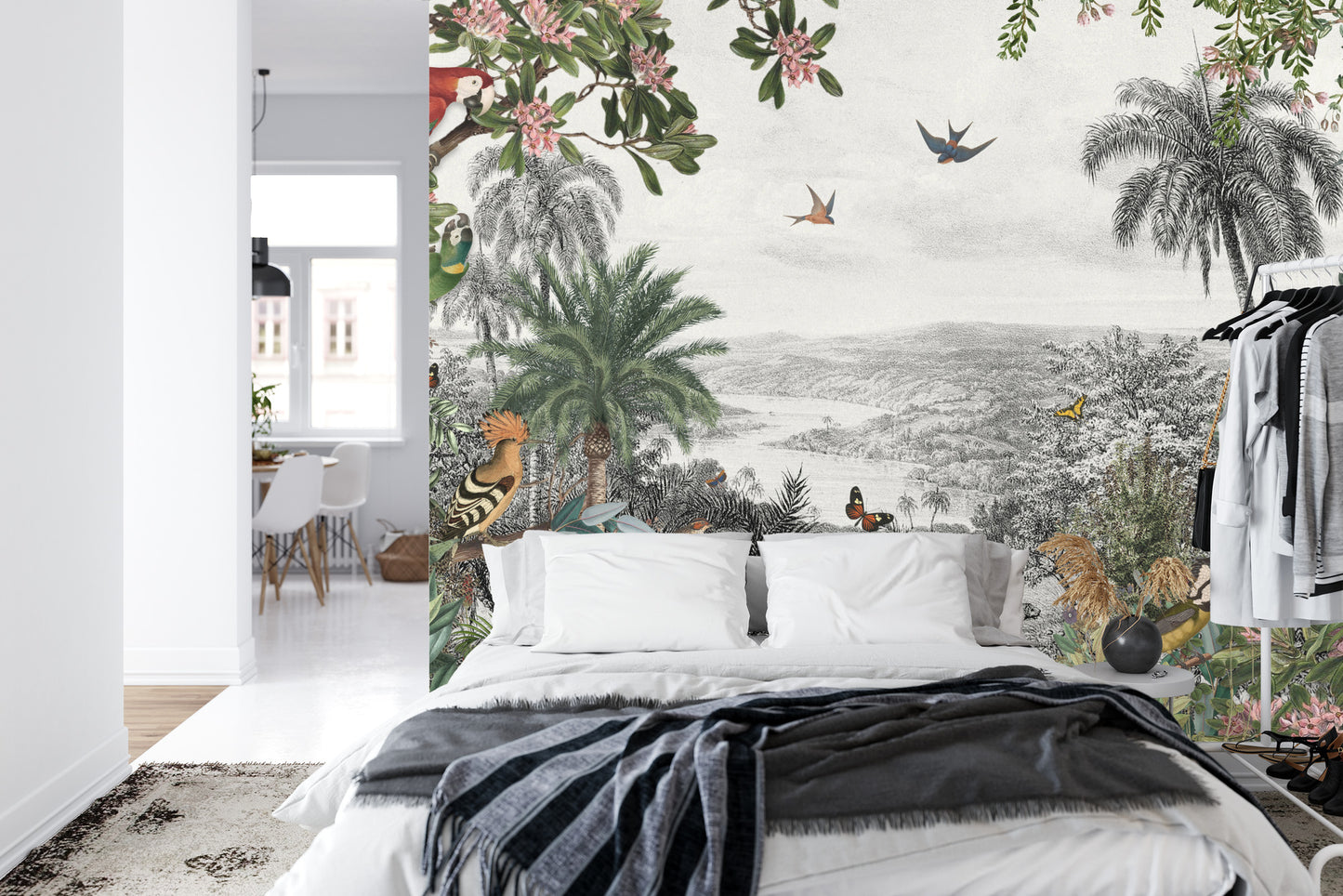 Fototapete Tropical Jungle Wallpaper Palm Trees, Birds And Parrot In The River Land With Flying Butterflies