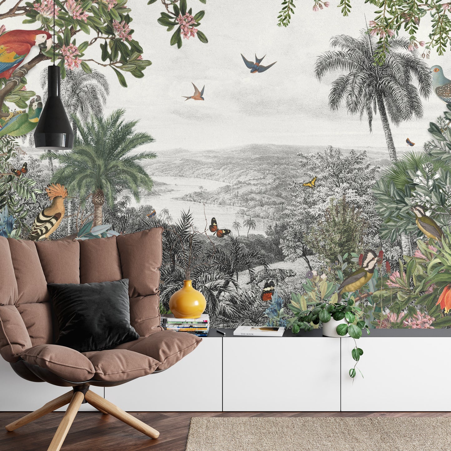 Fototapete Tropical Jungle Wallpaper Palm Trees, Birds And Parrot In The River Land With Flying Butterflies