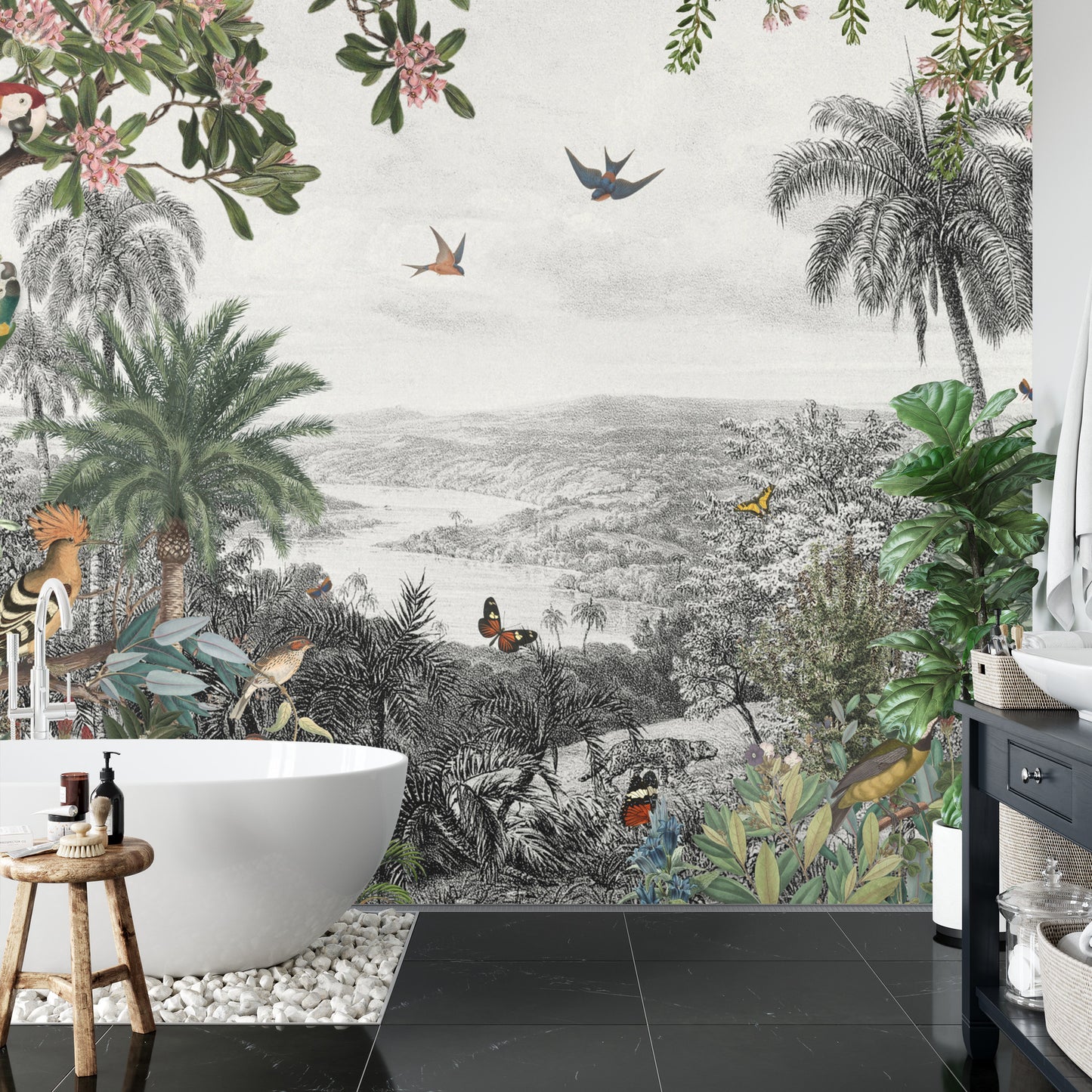 Fototapete Tropical Jungle Wallpaper Palm Trees, Birds And Parrot In The River Land With Flying Butterflies