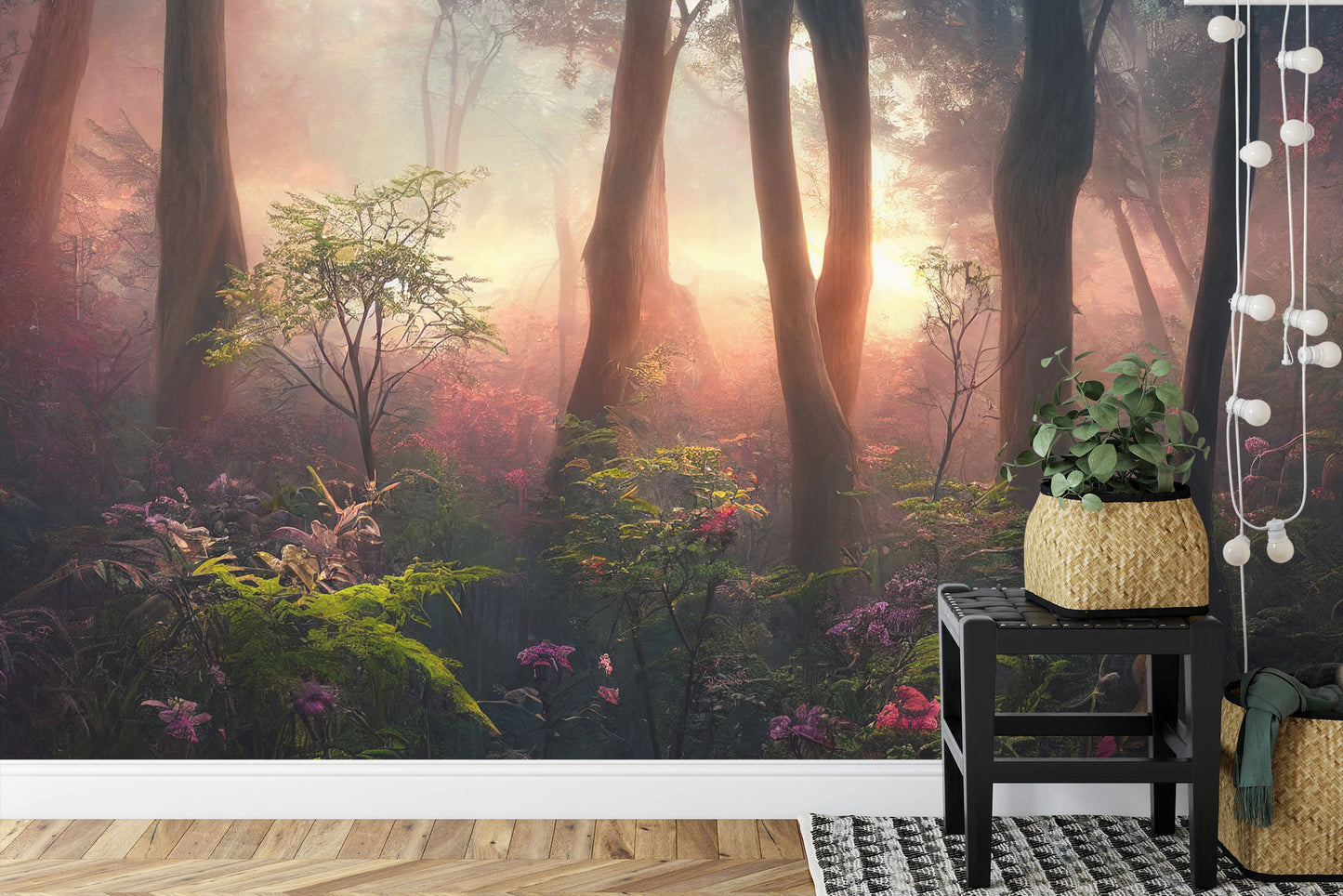 Fototapete Colorful Sunset Forest Scenery With Beautiful Trees And Plants, Natural Green Environment With Amazing Nature