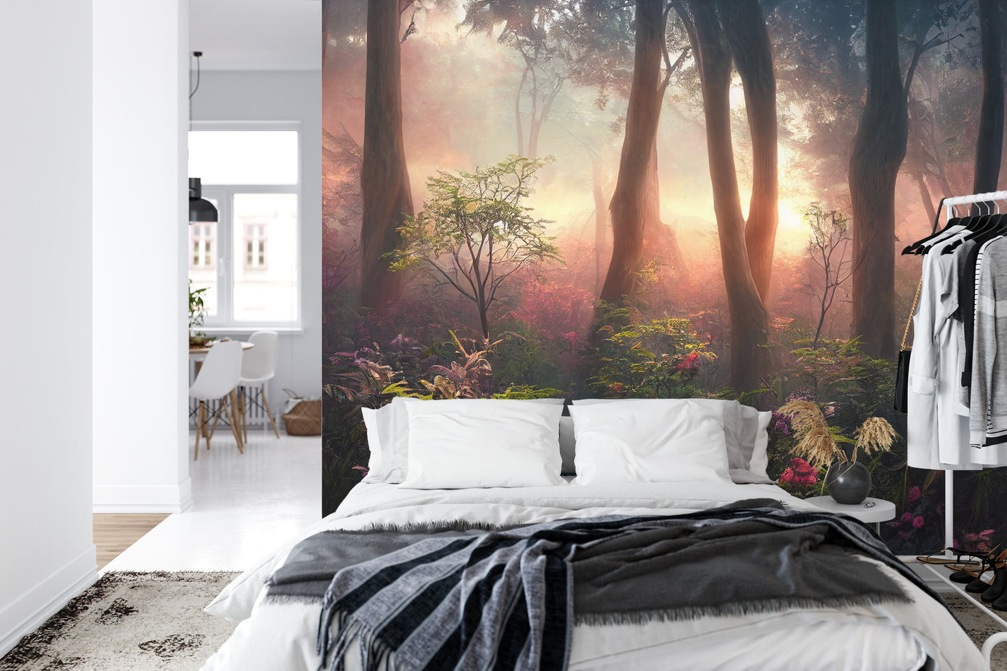 Fototapete Colorful Sunset Forest Scenery With Beautiful Trees And Plants, Natural Green Environment With Amazing Nature