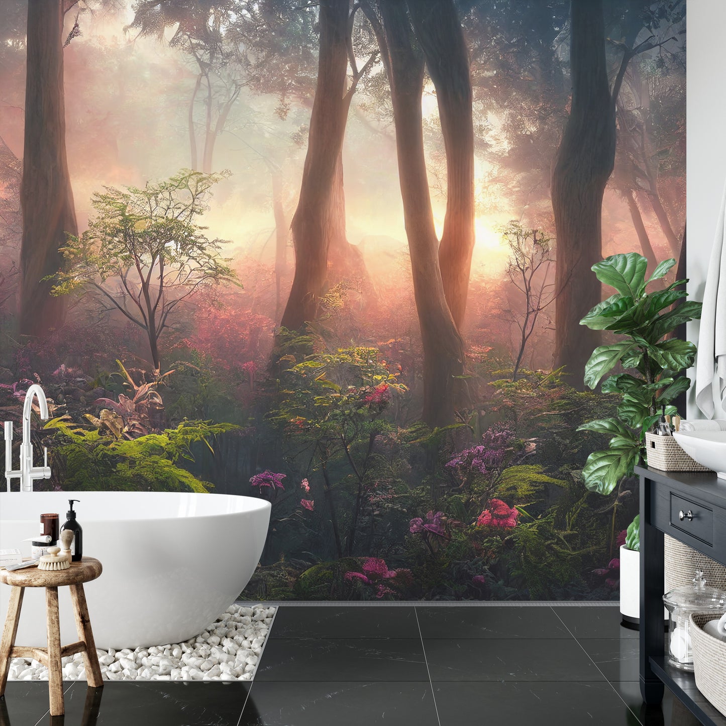 Fototapete Colorful Sunset Forest Scenery With Beautiful Trees And Plants, Natural Green Environment With Amazing Nature