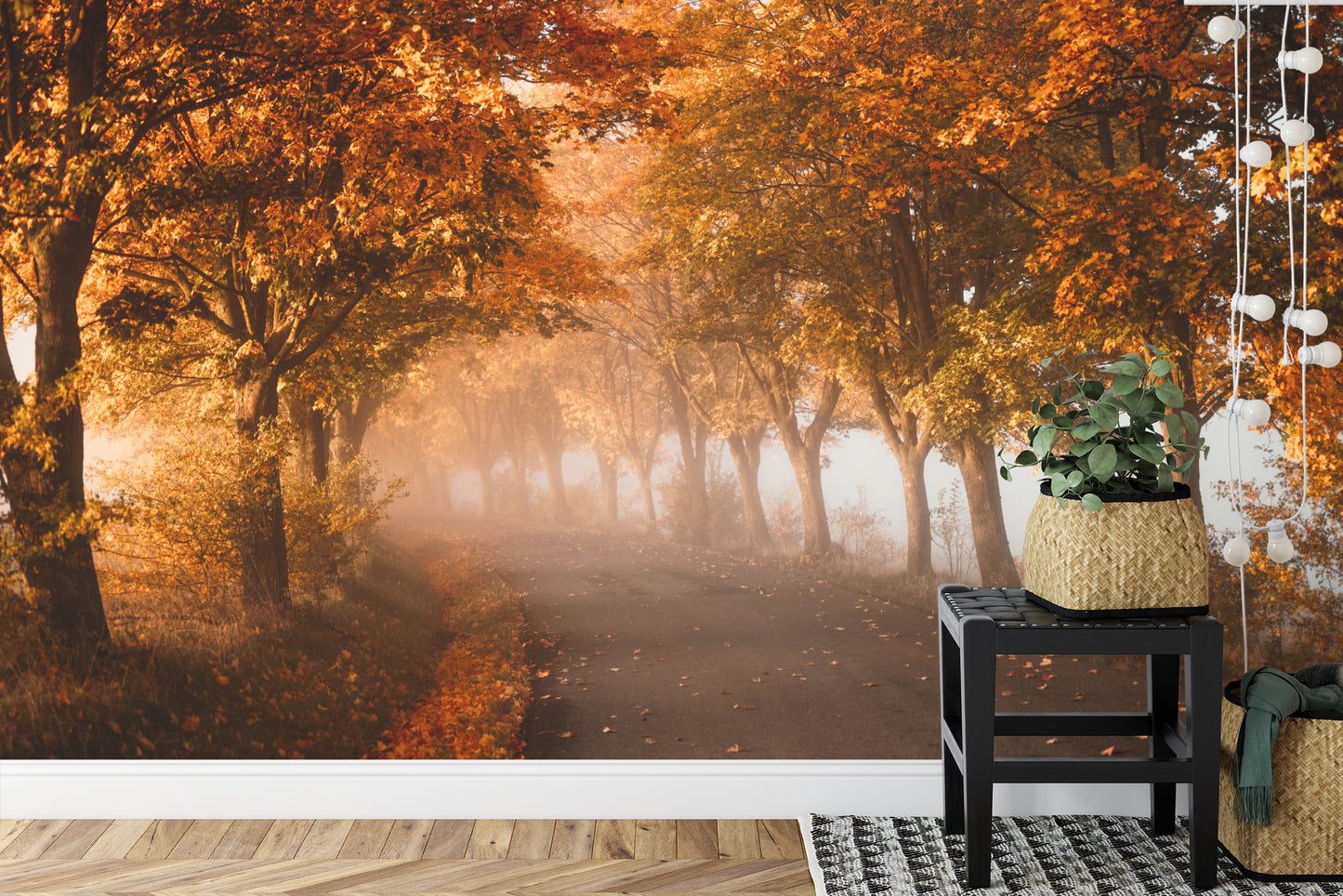 Fototapete Autumn Forest Road Leaves Fall In Ground Landscape . Colorful Foliage In The Park. Falling Leaves. Autumn Trees In The Fog