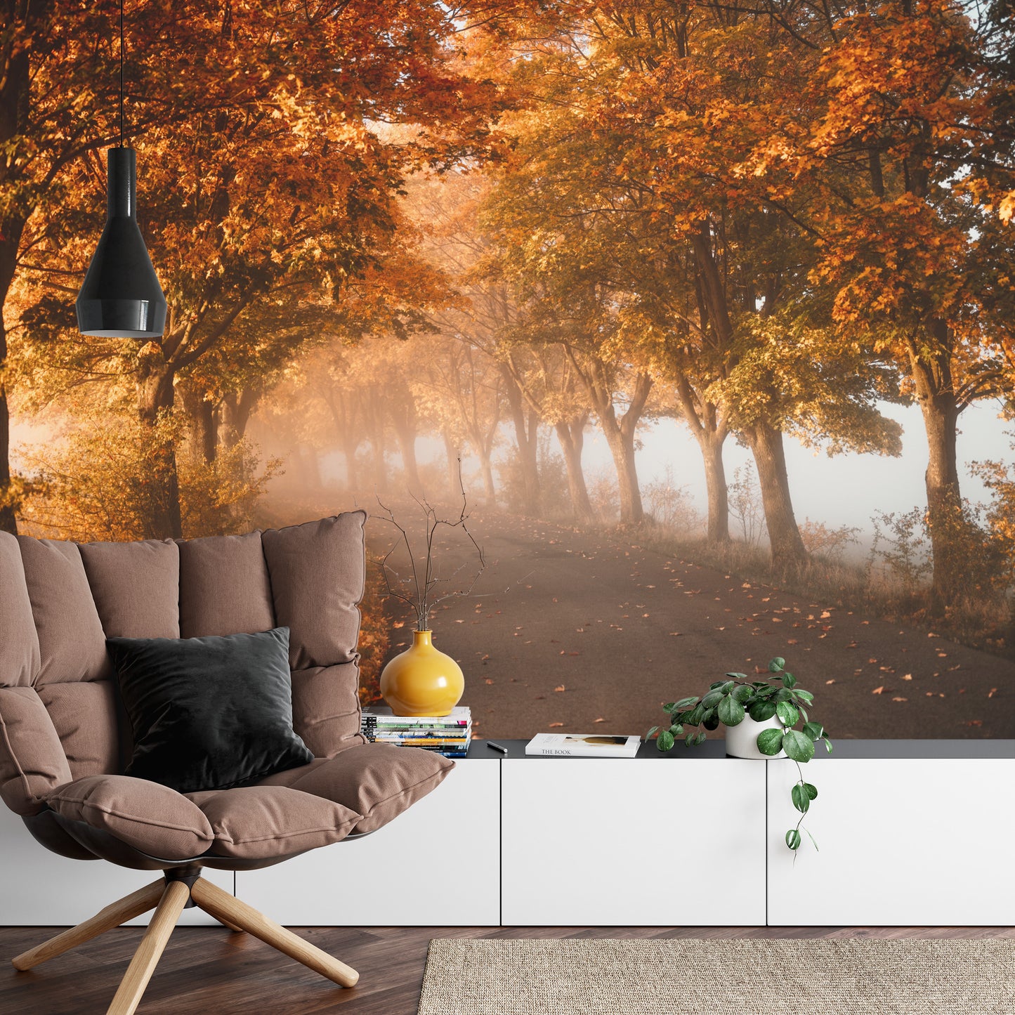 Fototapete Autumn Forest Road Leaves Fall In Ground Landscape . Colorful Foliage In The Park. Falling Leaves. Autumn Trees In The Fog