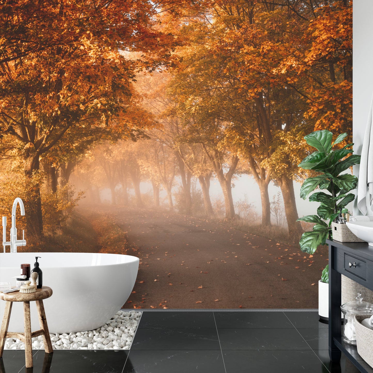 Fototapete Autumn Forest Road Leaves Fall In Ground Landscape . Colorful Foliage In The Park. Falling Leaves. Autumn Trees In The Fog