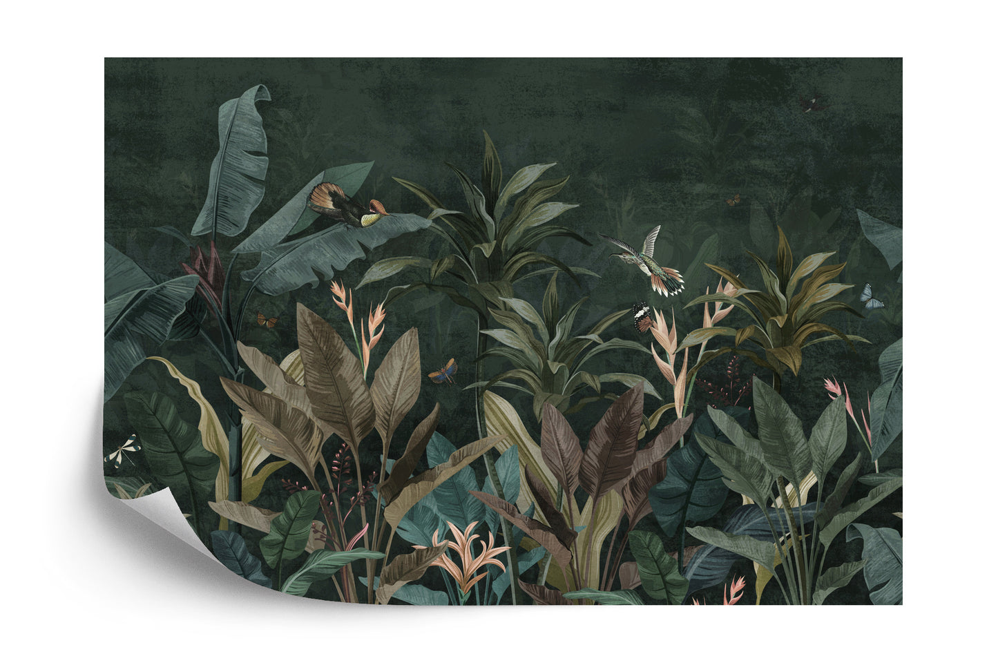 Fototapete Wallpaper Palm Tropical Forest Vintage Jungle Pattern With Birds Dark Mood
