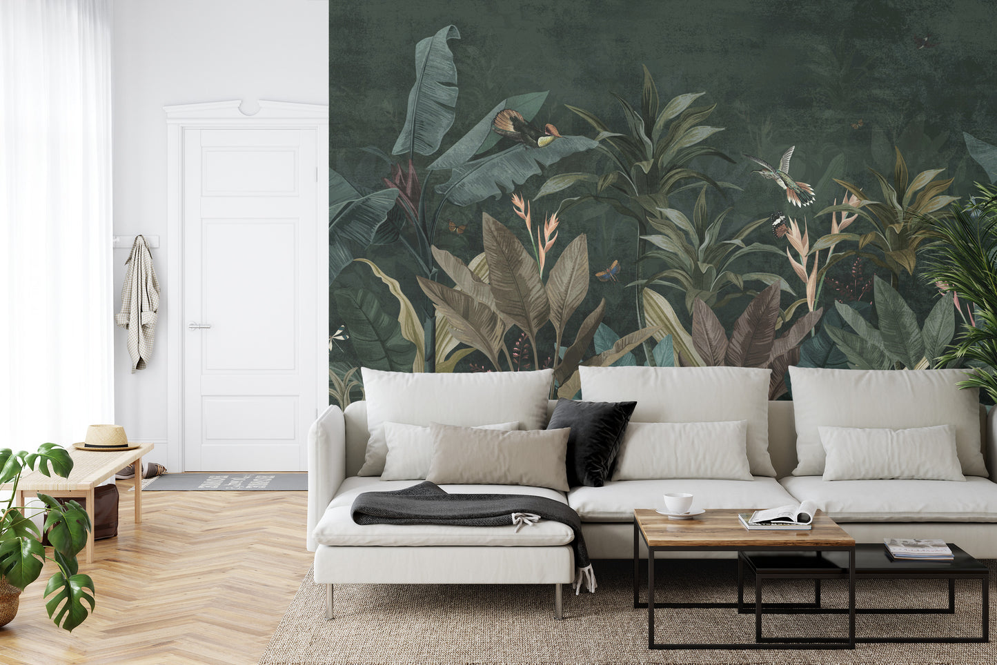 Fototapete Wallpaper Palm Tropical Forest Vintage Jungle Pattern With Birds Dark Mood