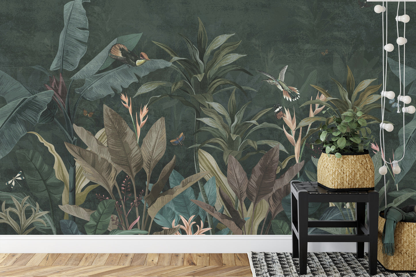 Fototapete Wallpaper Palm Tropical Forest Vintage Jungle Pattern With Birds Dark Mood