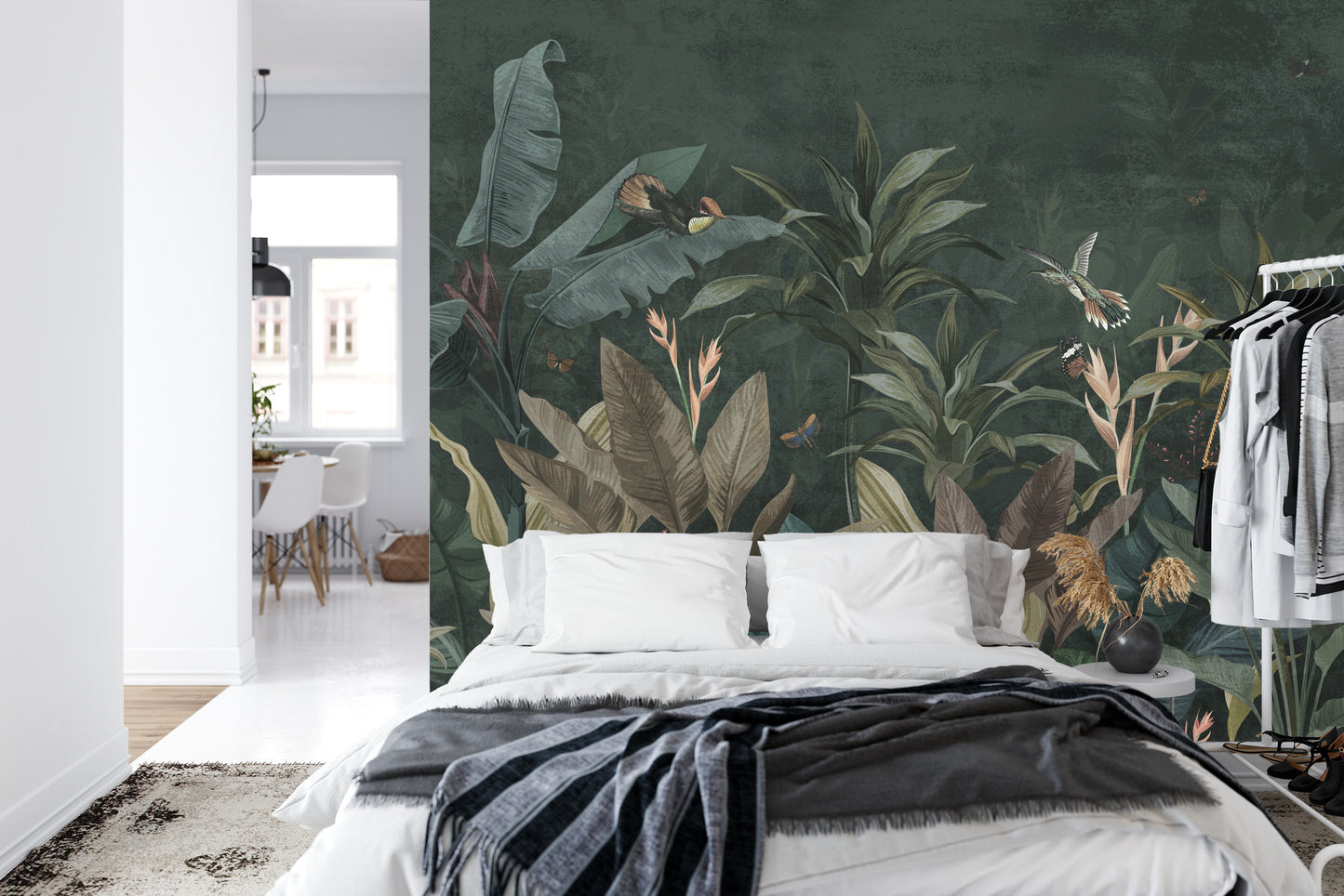 Fototapete Wallpaper Palm Tropical Forest Vintage Jungle Pattern With Birds Dark Mood