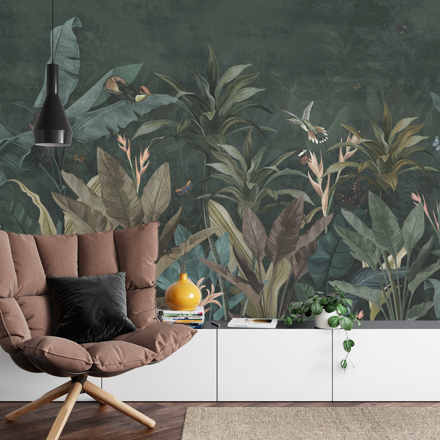 Fototapete Wallpaper Palm Tropical Forest Vintage Jungle Pattern With Birds Dark Mood
