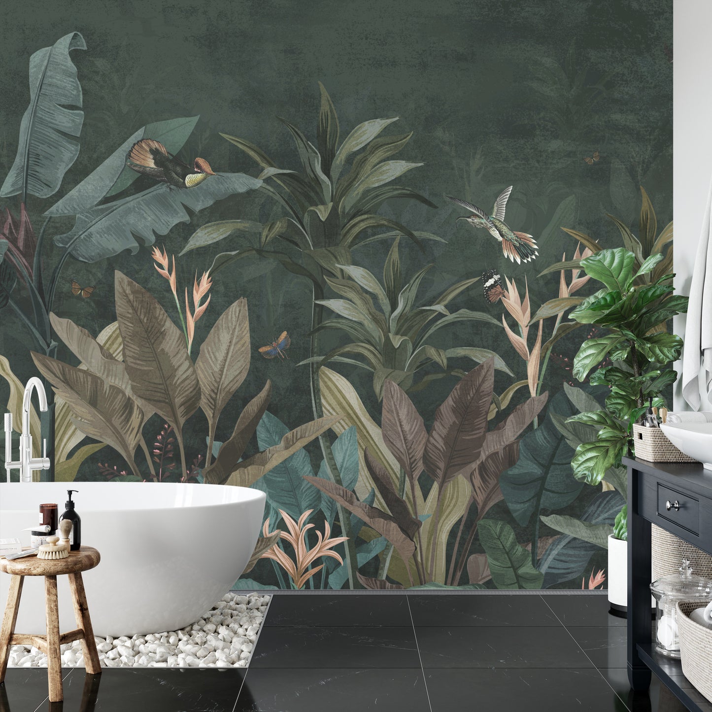 Fototapete Wallpaper Palm Tropical Forest Vintage Jungle Pattern With Birds Dark Mood