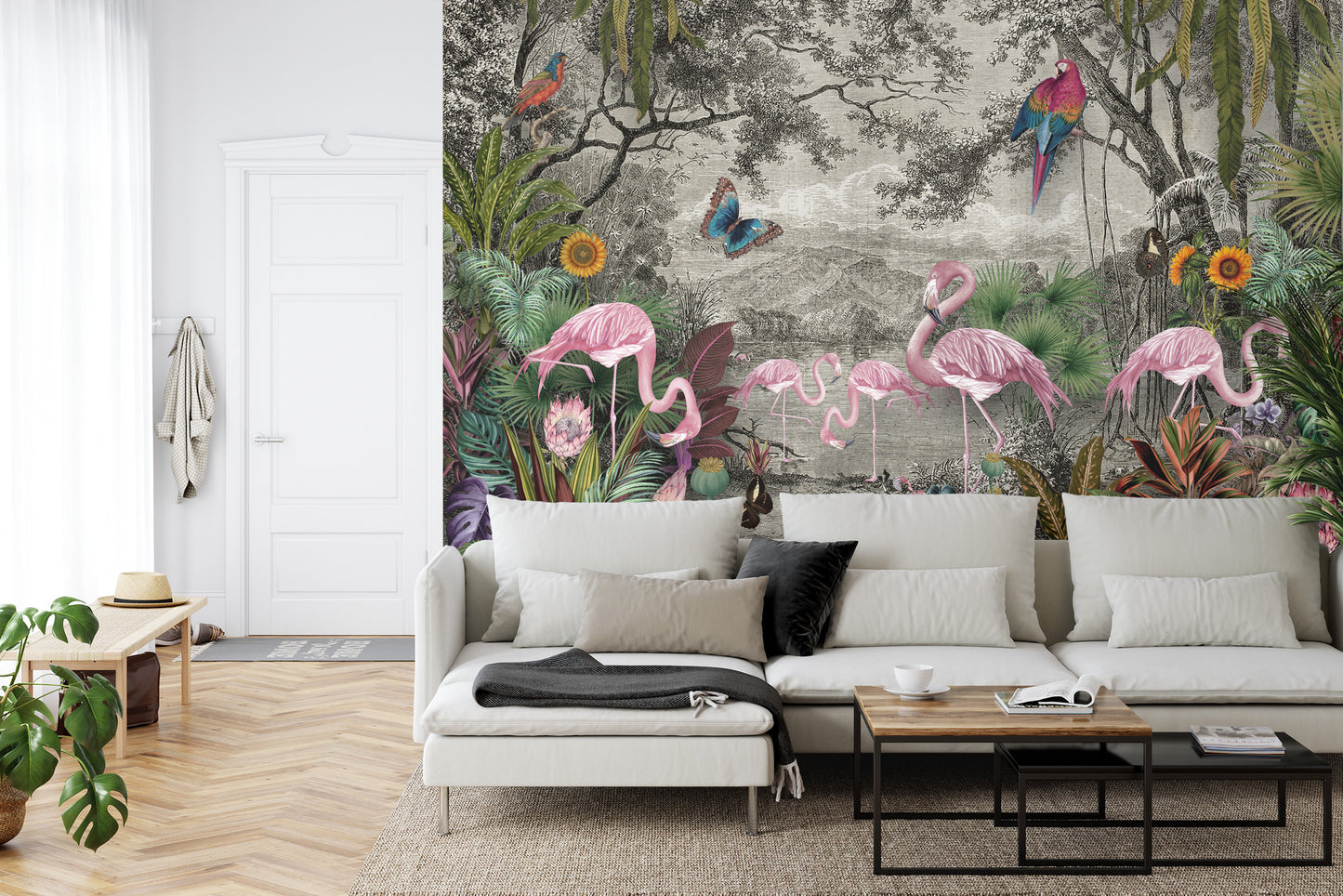Fototapete Wallpaper Jungle And Tropical Forest Banana Palm And Tropical Birds, Old Drawing