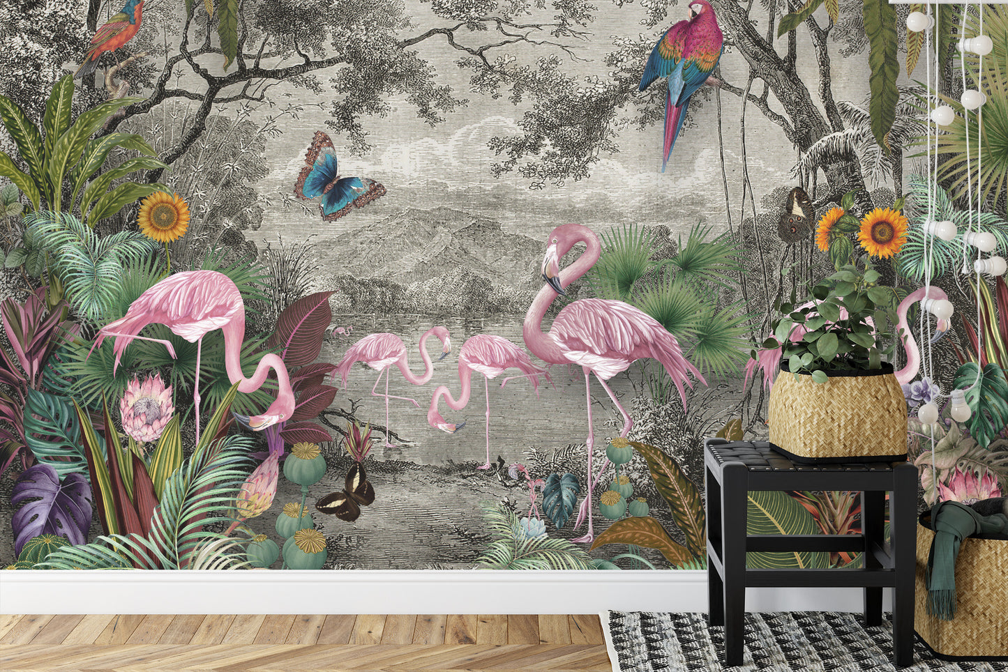 Fototapete Wallpaper Jungle And Tropical Forest Banana Palm And Tropical Birds, Old Drawing