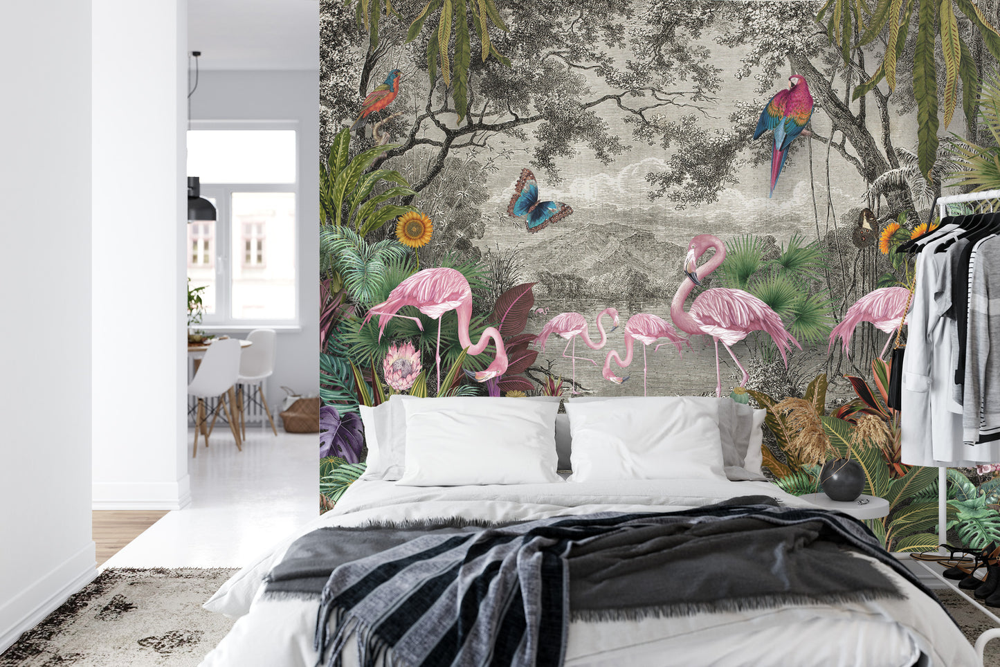 Fototapete Wallpaper Jungle And Tropical Forest Banana Palm And Tropical Birds, Old Drawing