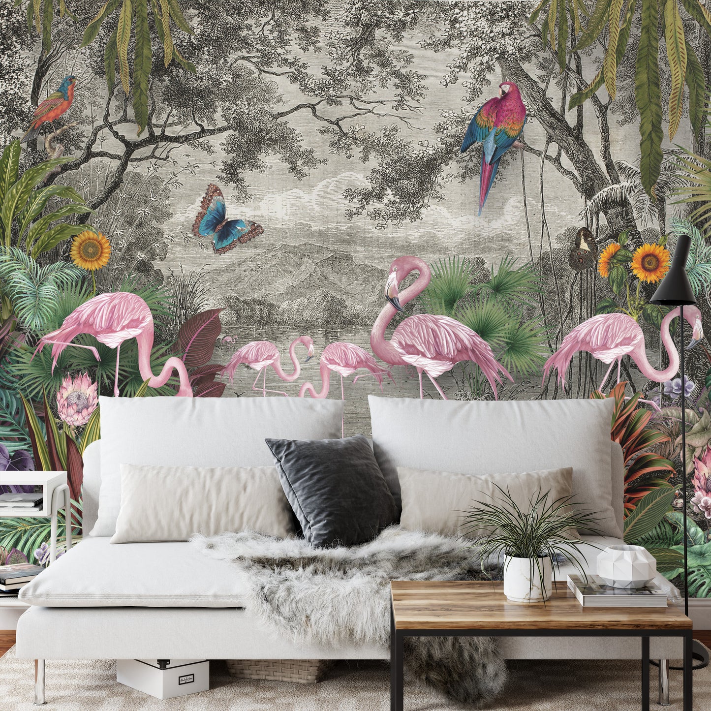 Fototapete Wallpaper Jungle And Tropical Forest Banana Palm And Tropical Birds, Old Drawing