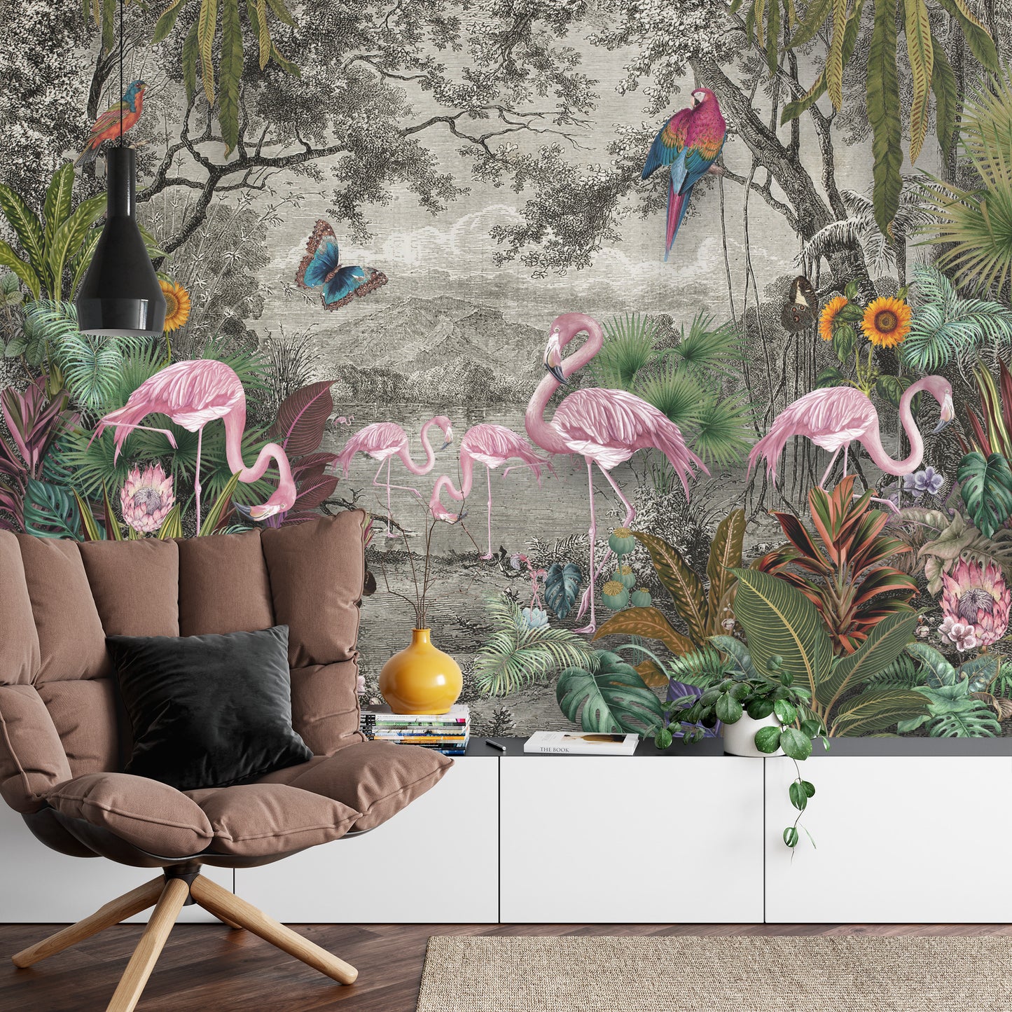 Fototapete Wallpaper Jungle And Tropical Forest Banana Palm And Tropical Birds, Old Drawing