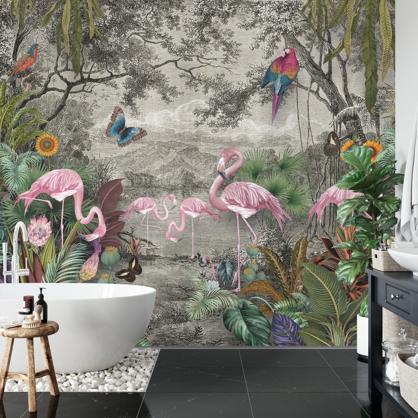 Fototapete Wallpaper Jungle And Tropical Forest Banana Palm And Tropical Birds, Old Drawing