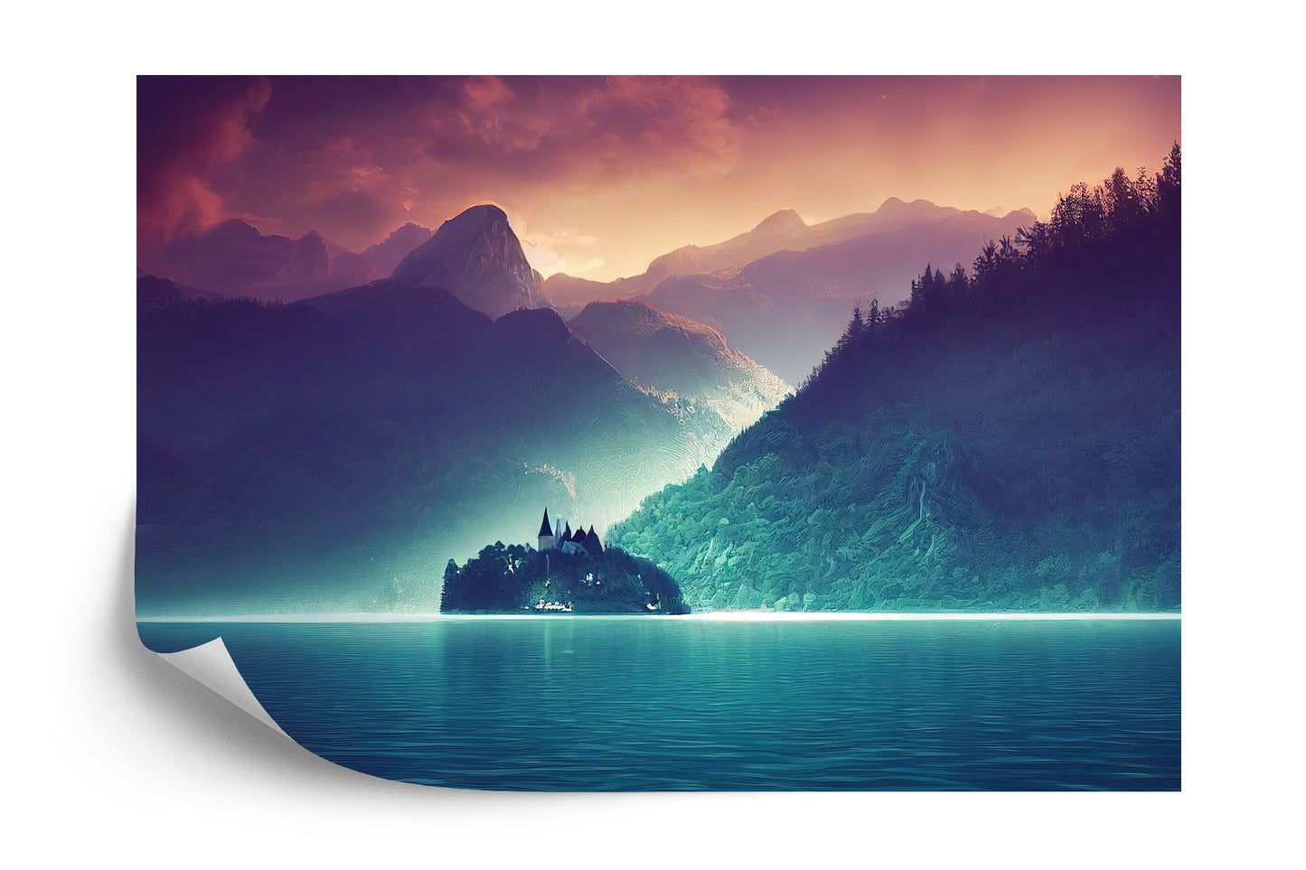 Fototapete Fantasy Concept Showing A Lake Bled, Slovenia. Digital Art Style, Painting , Horizontal Side View, Skyline
