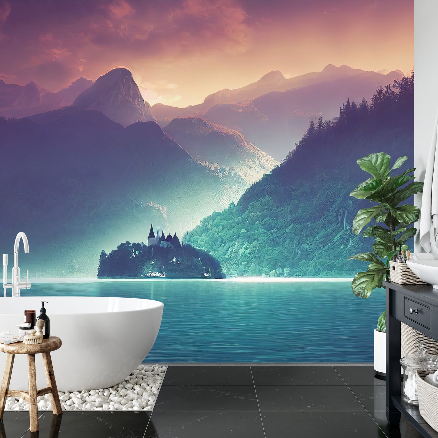 Fototapete Fantasy Concept Showing A Lake Bled, Slovenia. Digital Art Style, Painting , Horizontal Side View, Skyline