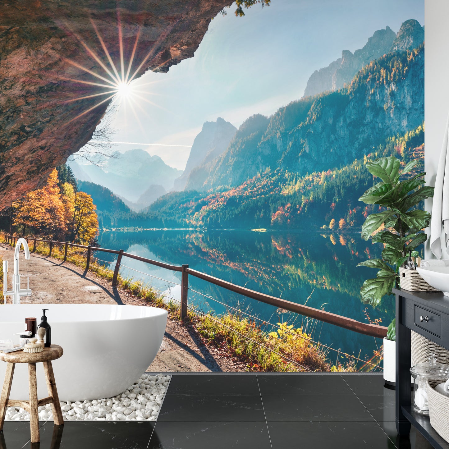 Fototapete Sunny Autumn Scene Of Vorderer ( Gosausee ) Lake. Colorful Morning View Of Austrian Alps, Upper Austria, Europe. Beauty Of Nature Concept Background.