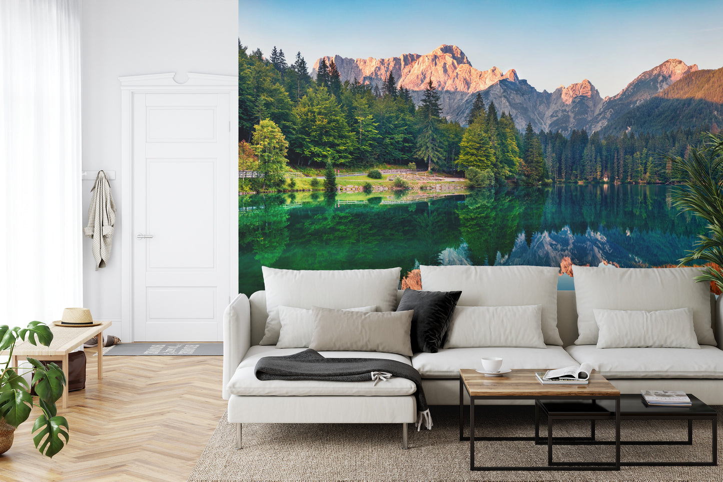 Fototapete Calm Morning View Of Fusine Lake. Colorful Summer Sunrise In Julian Alps With Mangart Peak On Background, Province Of Udine, Italy, Europe. Beauty Of Nature Concept Background.