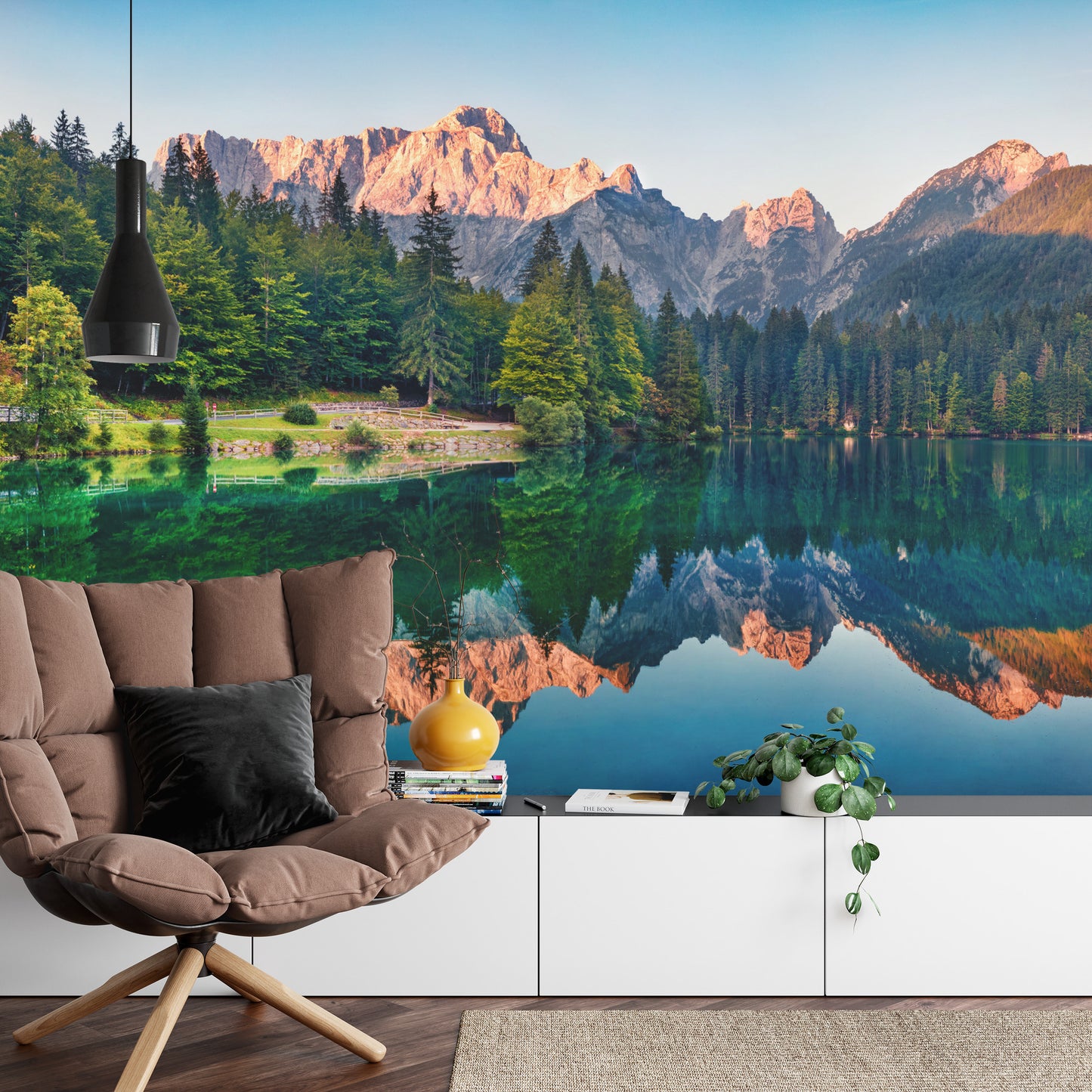 Fototapete Calm Morning View Of Fusine Lake. Colorful Summer Sunrise In Julian Alps With Mangart Peak On Background, Province Of Udine, Italy, Europe. Beauty Of Nature Concept Background.