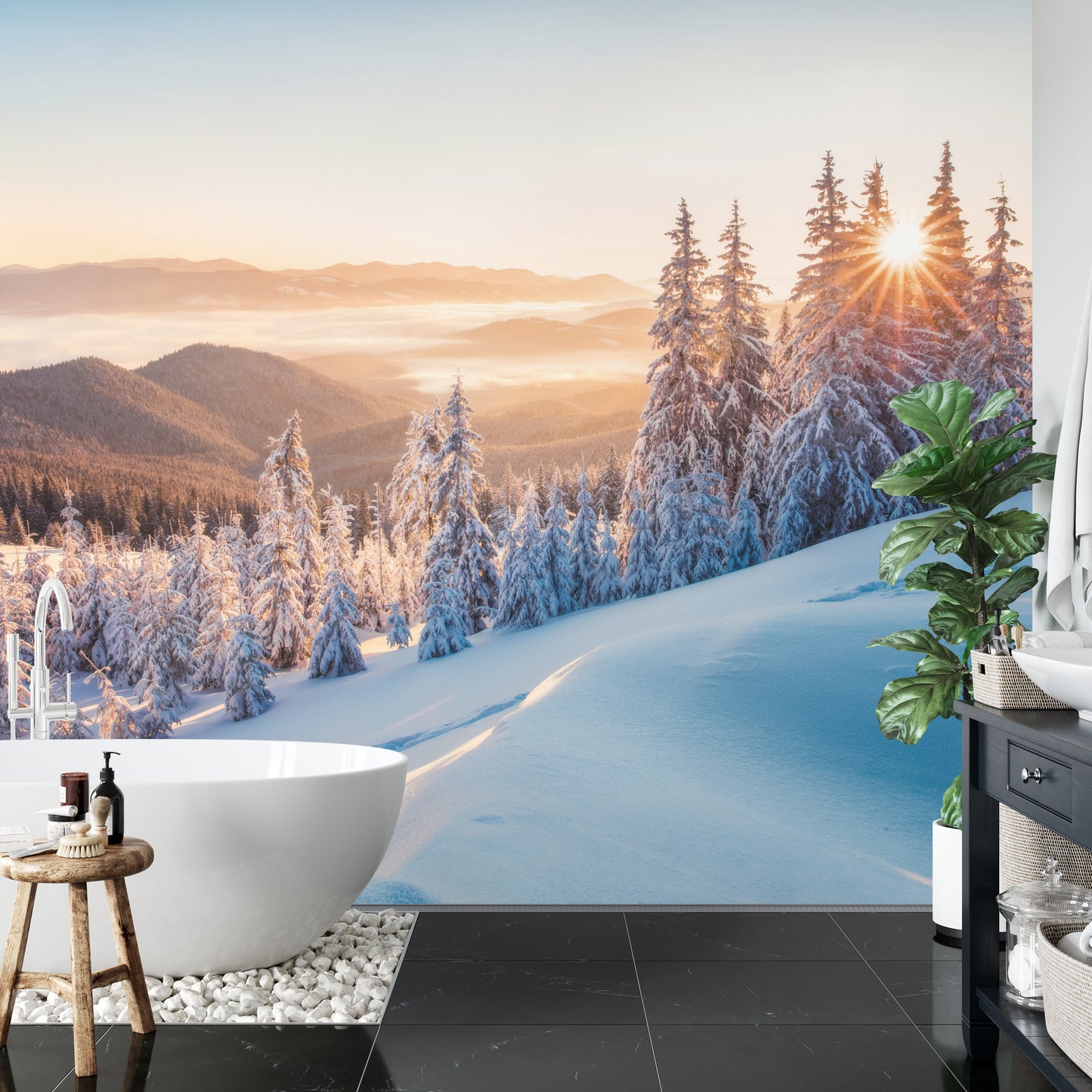 Fototapete Impressive Winter Morning In Carpathian Mountains With Snow Covered Fir Trees. Colorful Outdoor Scene, Happy New Year Celebration Concept. Artistic Style Post Processed Photo.