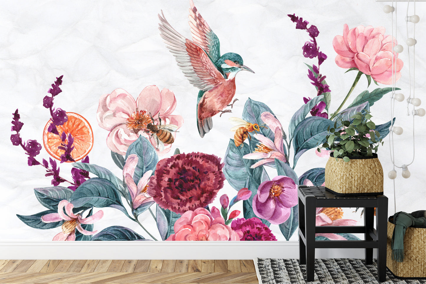 Fototapete Aquarell Kolibris Und Bienen Auf Blumen