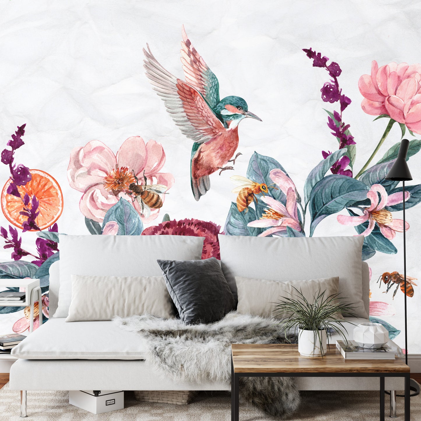 Fototapete Aquarell Kolibris Und Bienen Auf Blumen