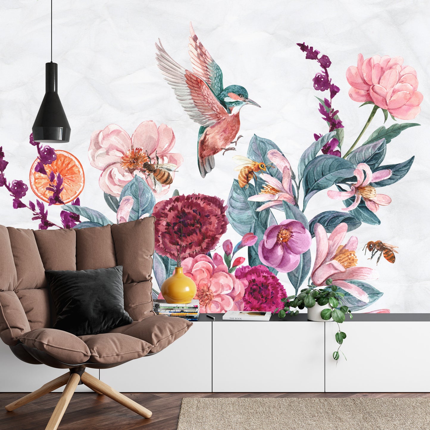 Fototapete Aquarell Kolibris Und Bienen Auf Blumen