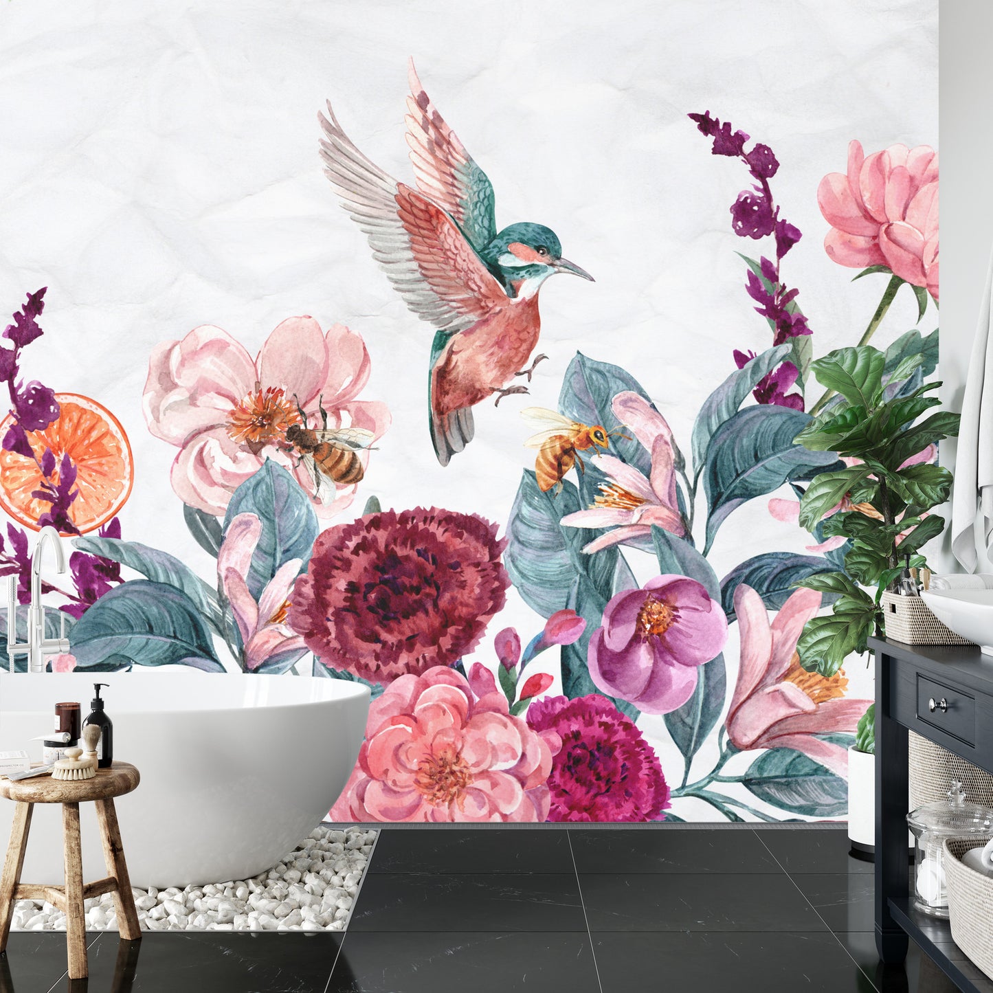 Fototapete Aquarell Kolibris Und Bienen Auf Blumen