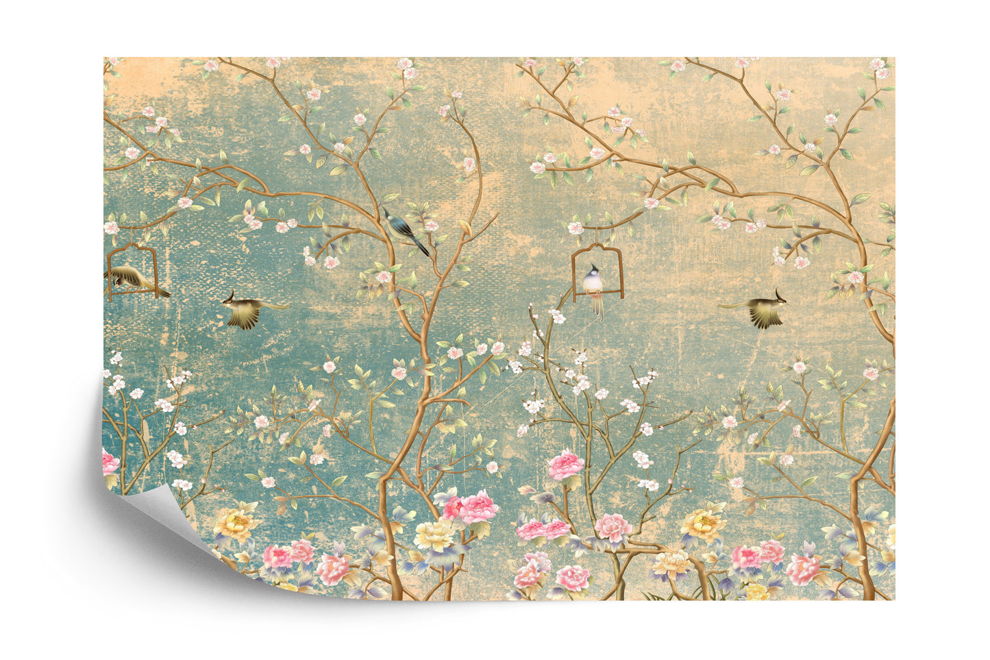 Fototapete Vintage Blumen Und Vögel Auf Pastell Farbigen Älter Hintergrund