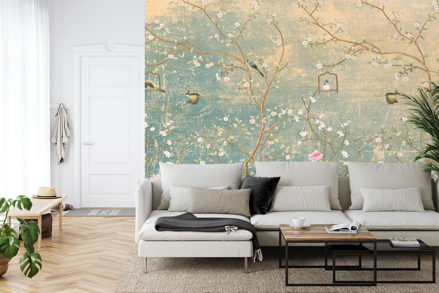 Fototapete Vintage Blumen Und Vögel Auf Pastell Farbigen Älter Hintergrund