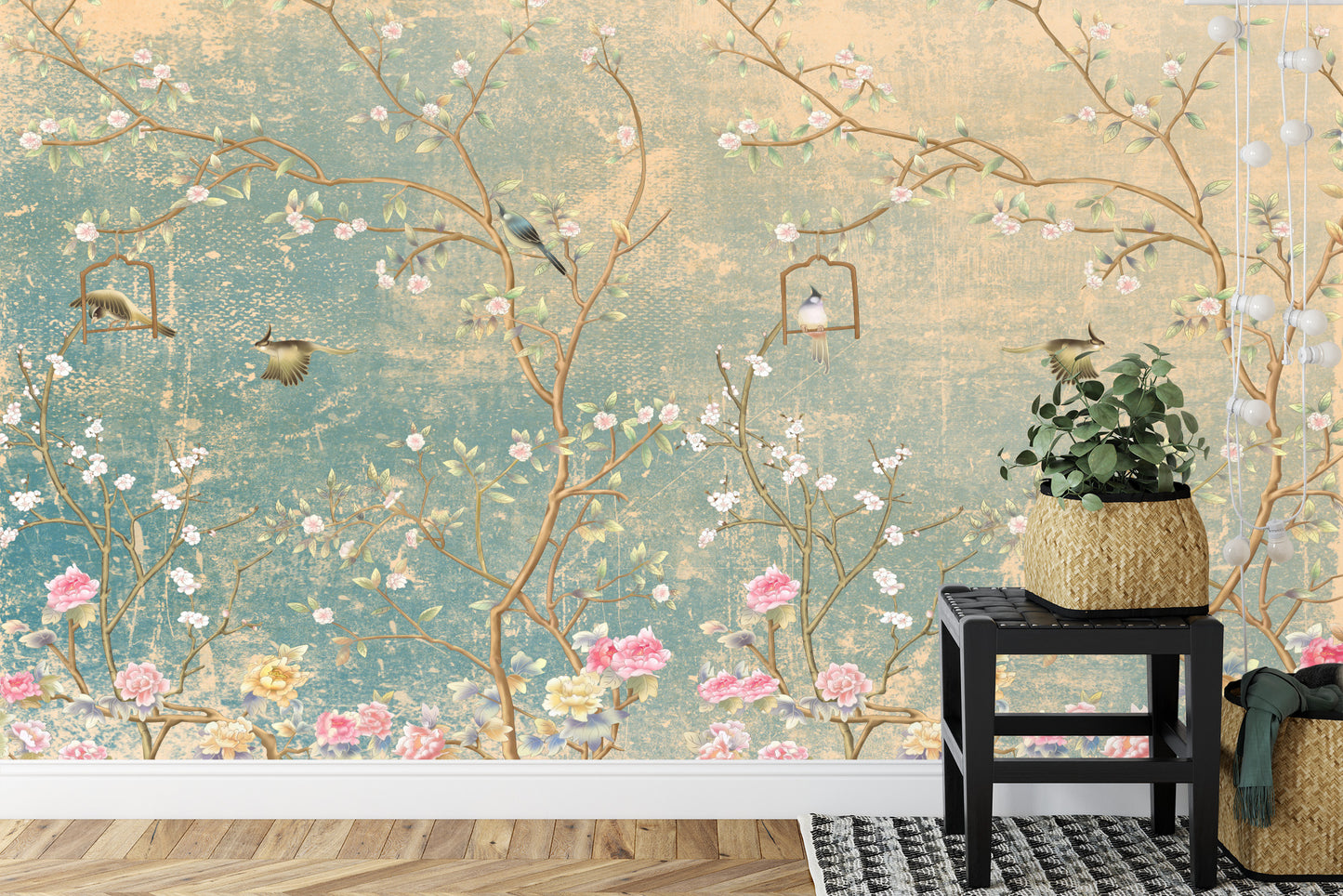 Fototapete Vintage Blumen Und Vögel Auf Pastell Farbigen Älter Hintergrund