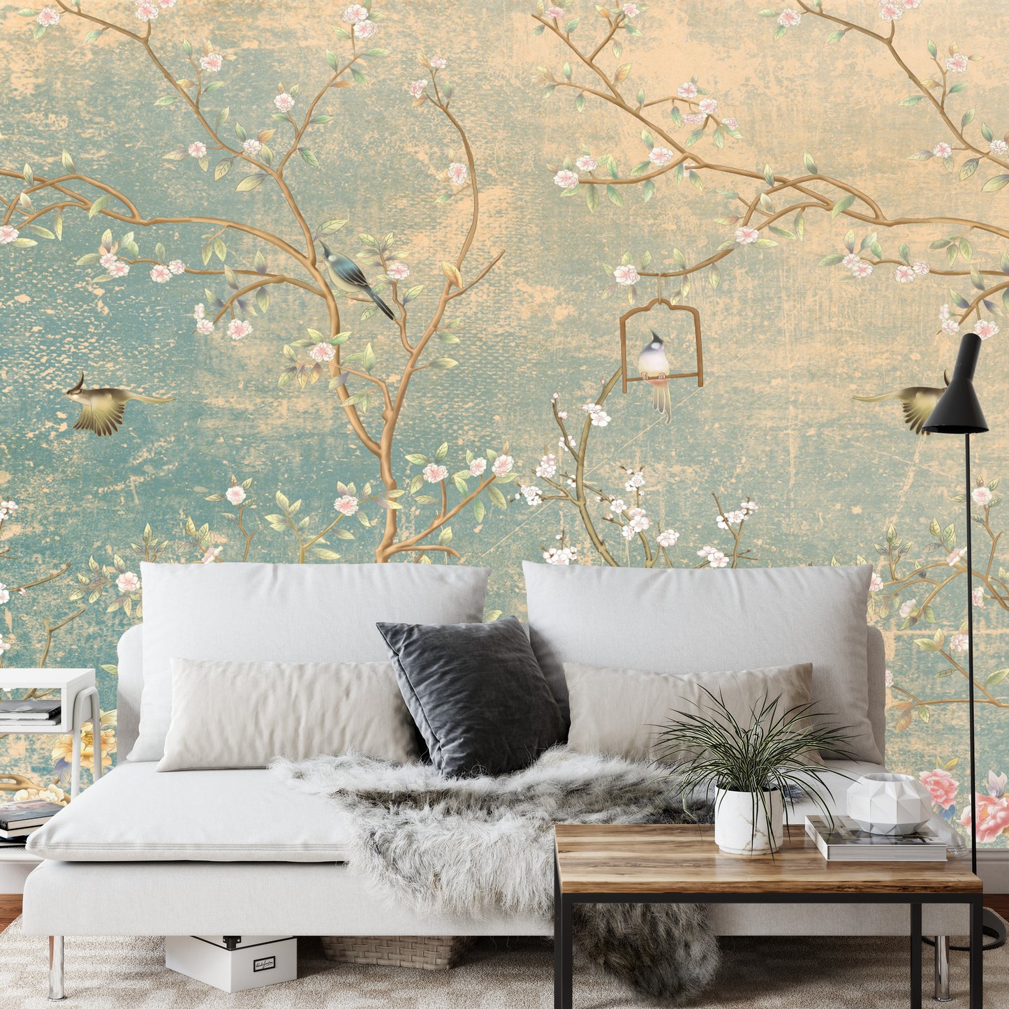 Fototapete Vintage Blumen Und Vögel Auf Pastell Farbigen Älter Hintergrund
